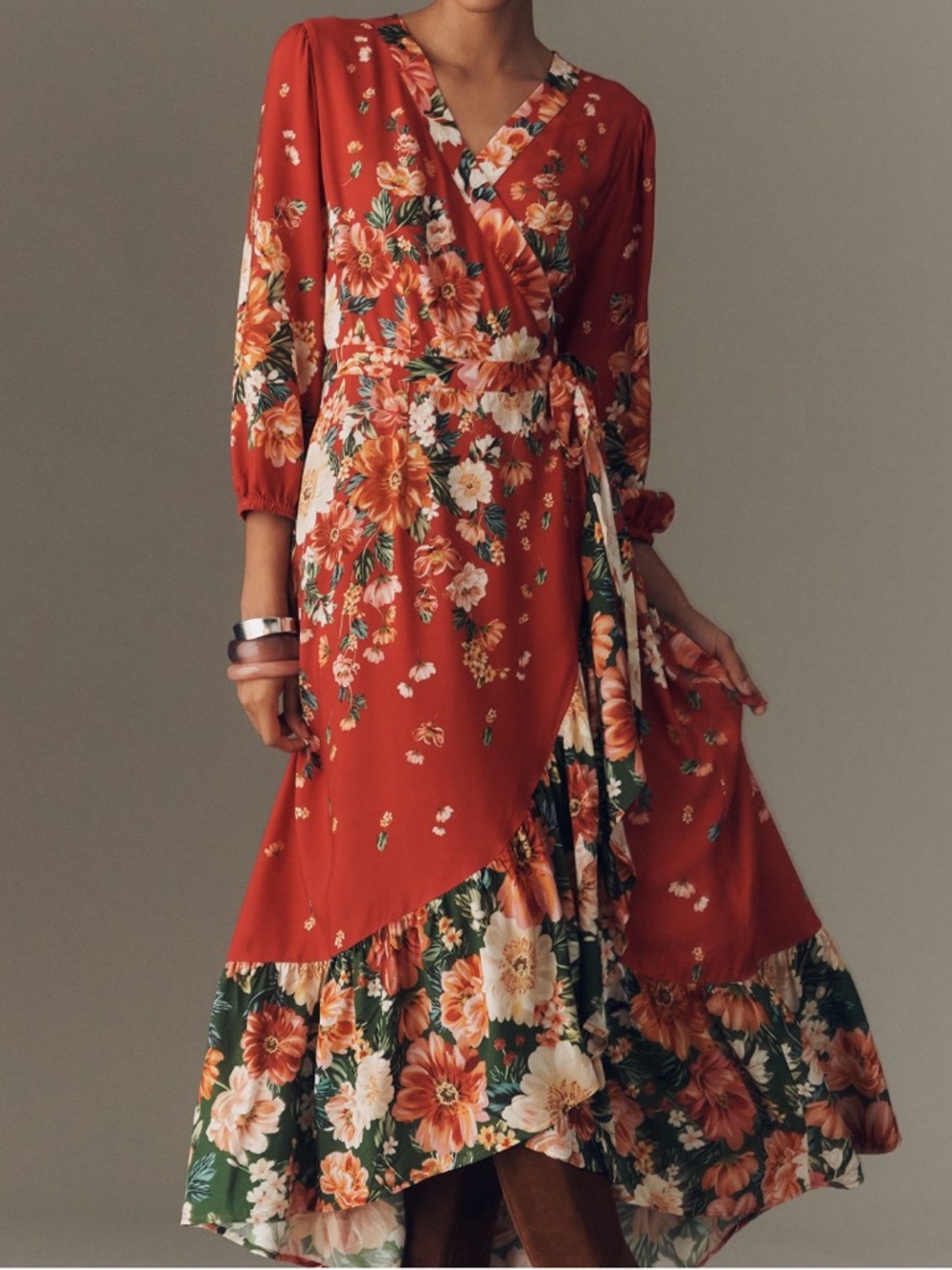 New FARM Rio Long Sleeve Floral Wrap Midi Dress